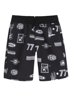 HUGO BOSS Kids' Motif Swim Shorts, Black/White, Black/White