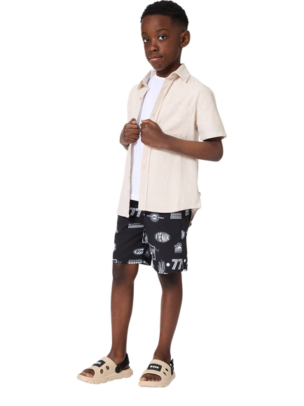 BOSS Kids' Motif Swim Shorts, Black/White, Black/White