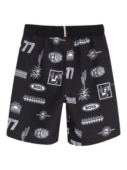 BOSS Kids' Motif Swim Shorts, Black/White - view 2, Black/White