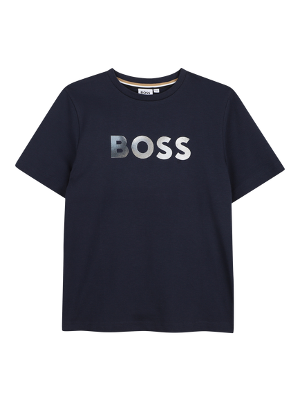 BOSS Kids' Short Sleeve Metallic Logo T-Shirt, Navy