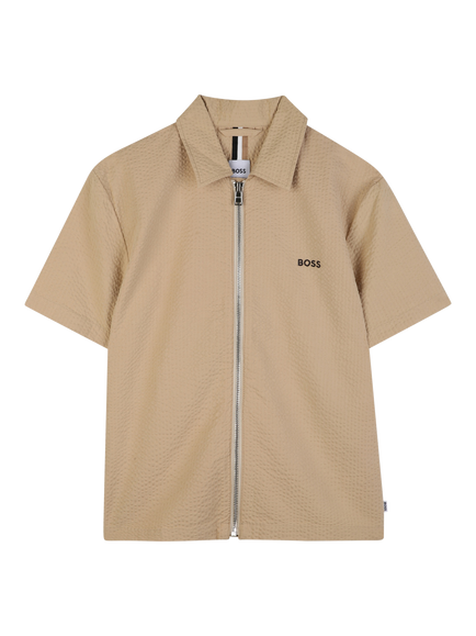 BOSS Kids' Short Sleeve Seersucker Zip Front Shirt, Stone, Stone
