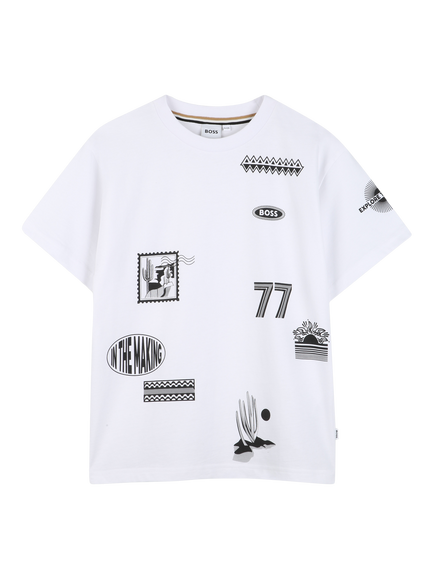 BOSS Kids' Short Sleeve Badge Print T-Shirt, White, White