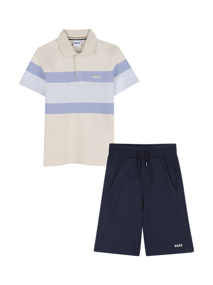 BOSS Kids' Classic Polo Shirt and Bermuda Shorts Set, Sand/Multi, Sand/Multi