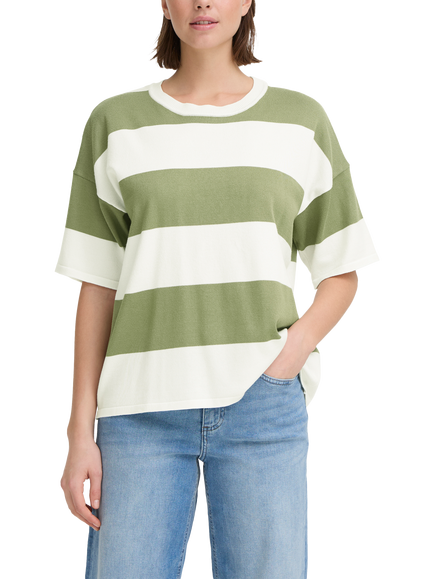 ICHI Luls Stripe Short Sleeve Jumper, Green/White