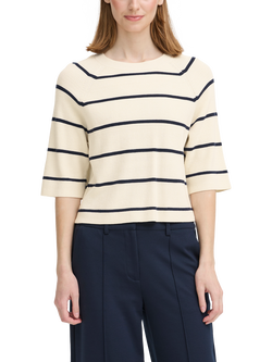 ICHI Boston Stripe 3/4 Sleeve Jumper, Birch White/Total Eclipse, Birch White/Total Eclipse