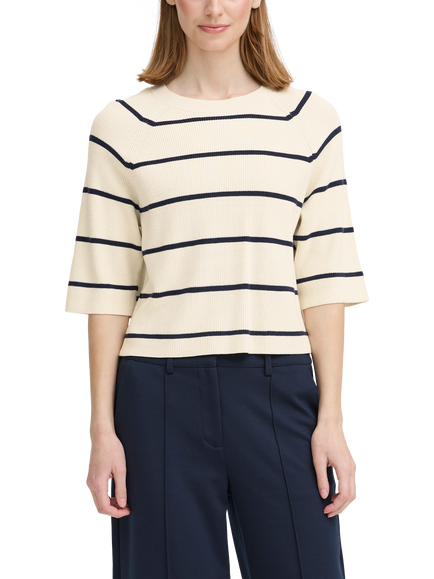 ICHI Boston Stripe 3/4 Sleeve Jumper, Birch White/Total Eclipse, Birch White/Total Eclipse