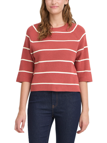 ICHI Boston Stripe 3/4 Sleeve Jumper, Cowhide/Birch
