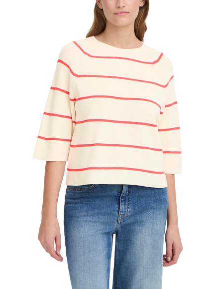 ICHI Boston Stripe 3/4 Sleeve Jumper, Birch/Teaberry