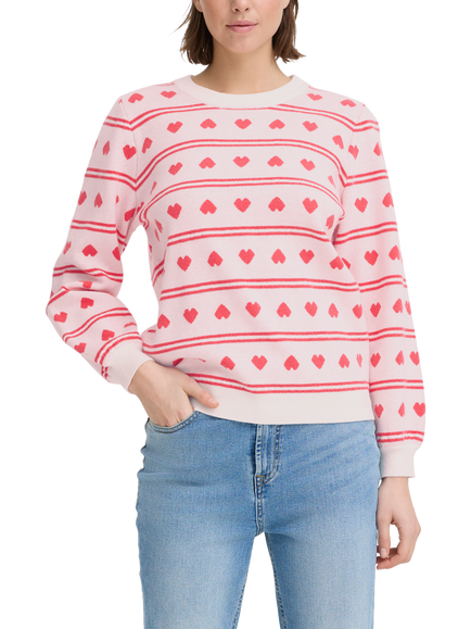 ICHI Brielle Jacquard Heart Jumper, Birch White/Teaberry, Birch White/Teaberry