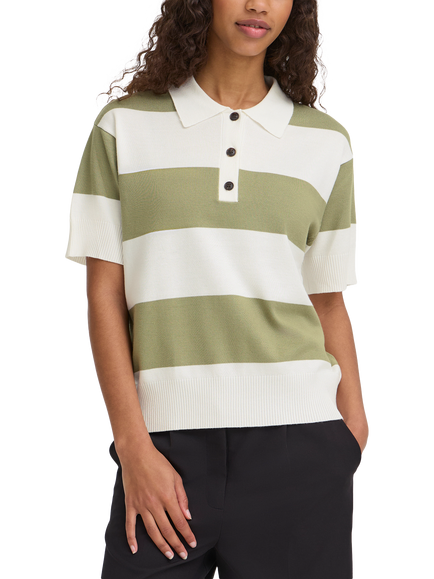 ICHI Luls Stripe Polo Shirt, Iguana/White, Iguana/White
