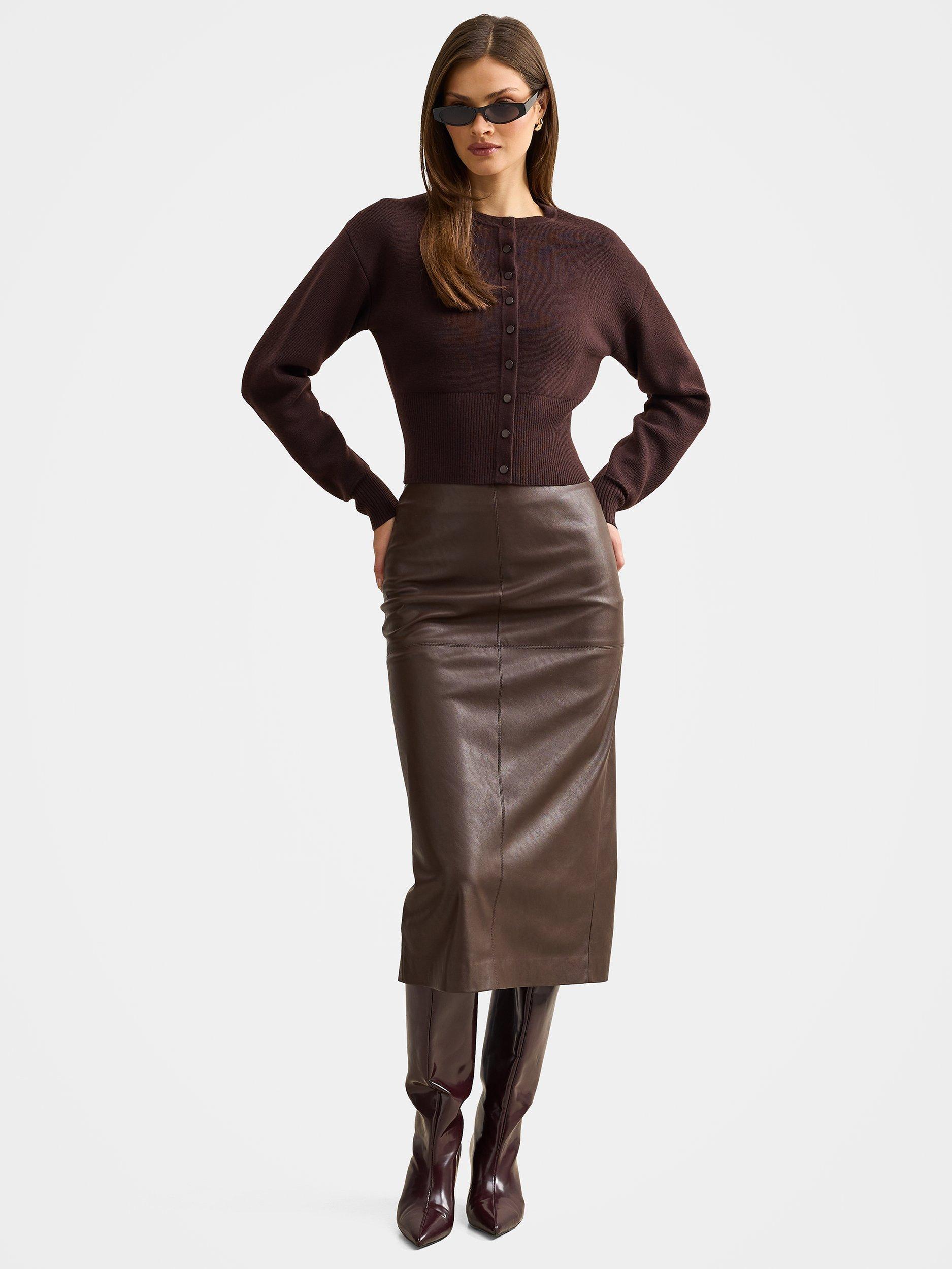 Product image 5 of 5, which shows Forever New Lara Crew Neck Sculpted Cardigan, Chocolate, L
