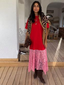 Never Fully Dressed Lace Trim T-Shirt Dress, Red/Pink, Red/Pink