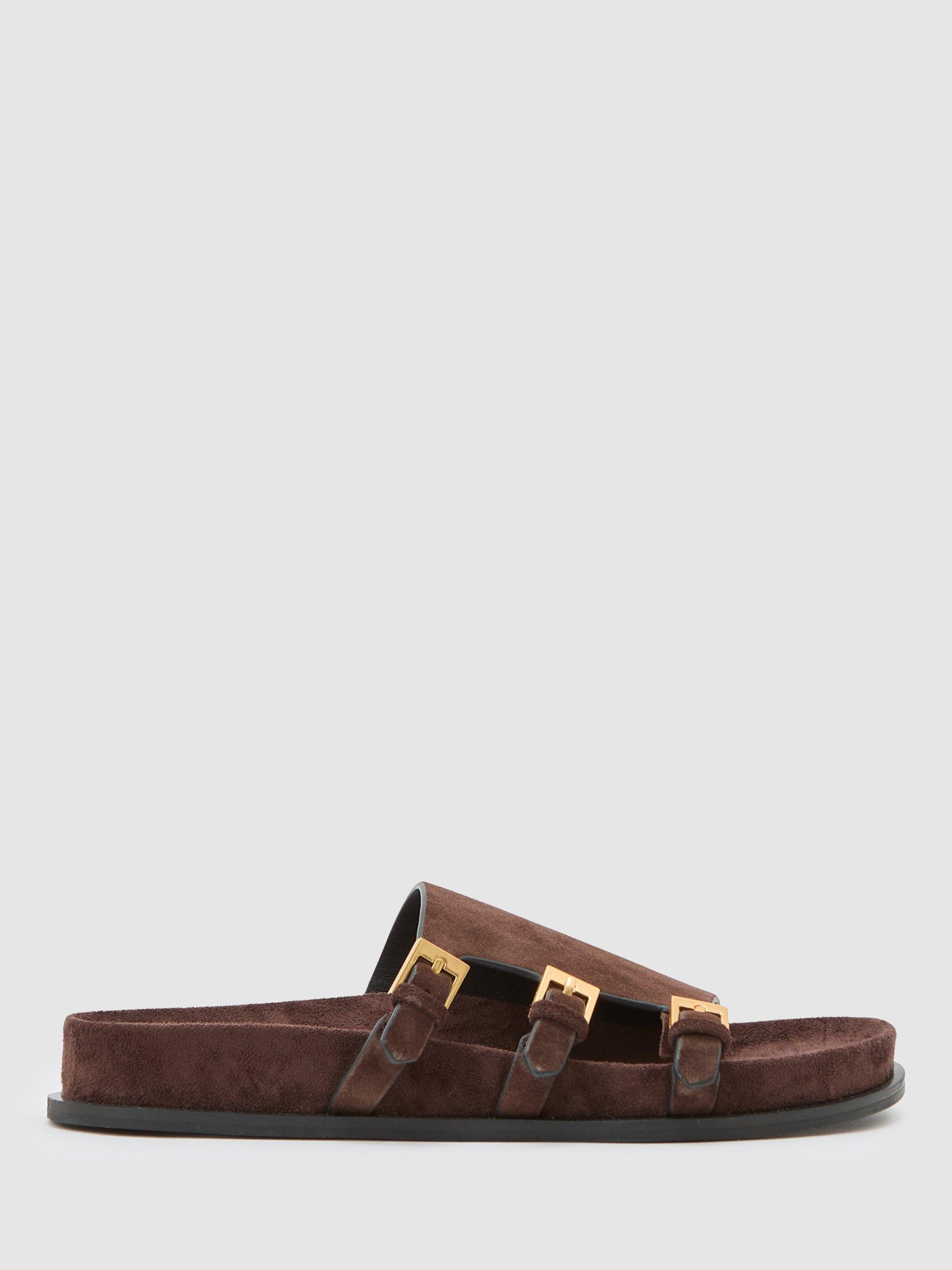 Product image 1 of 5, which shows Reiss Lauren Suede Buckle Flat Sandals, Dark Brown, 3