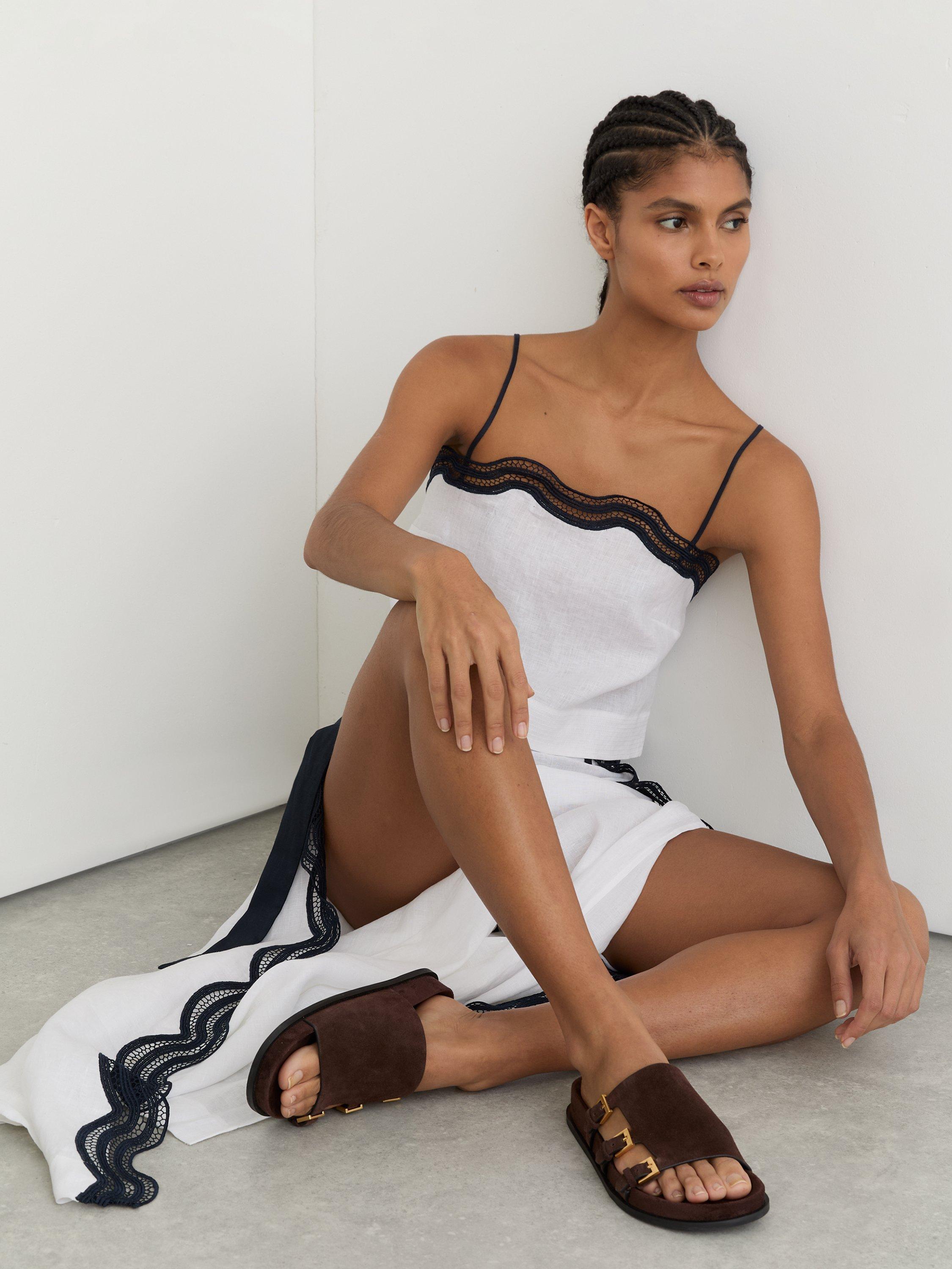 Product image 3 of 5, which shows Reiss Lauren Suede Buckle Flat Sandals, Dark Brown, 3