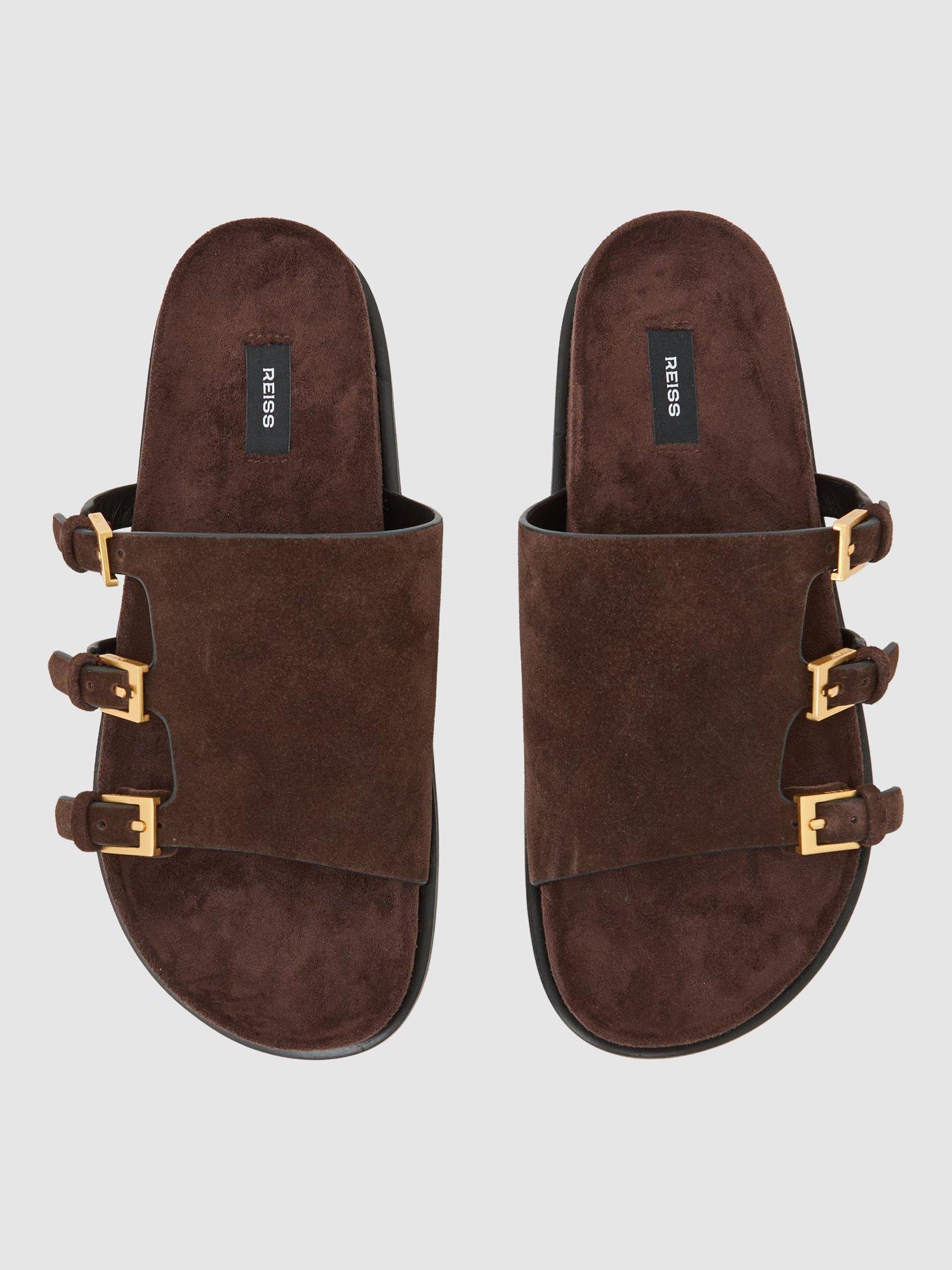 Product image 4 of 5, which shows Reiss Lauren Suede Buckle Flat Sandals, Dark Brown, 3