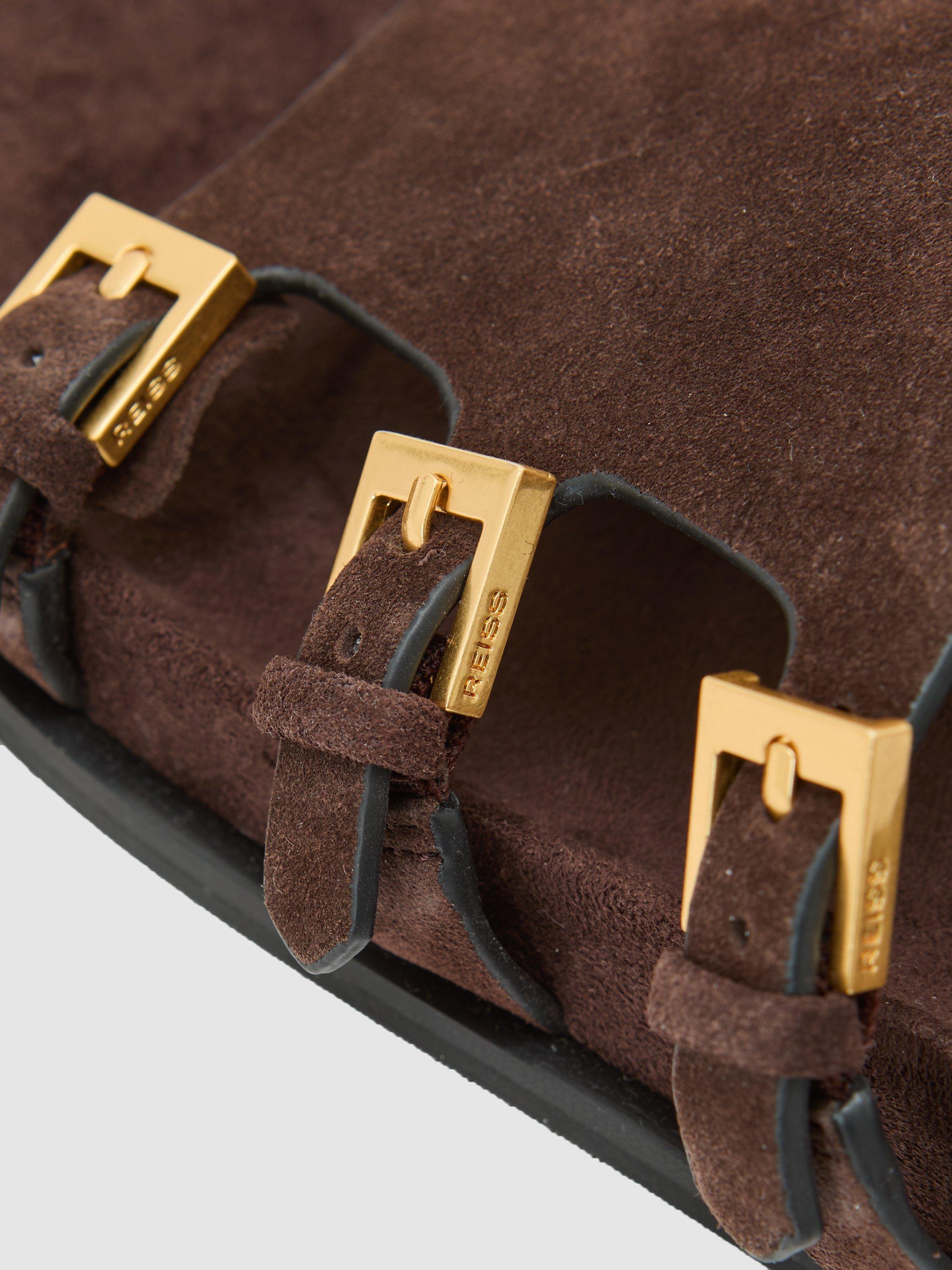 Product image 2 of 5, which shows Reiss Lauren Suede Buckle Flat Sandals, Dark Brown, 3