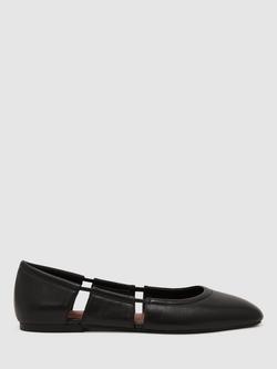 Reiss Leona Leather Ballerina Pumps, Black, Black