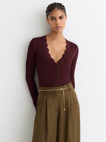 Reiss Vinny Scallop Detail Cardigan, Burgundy, Burgundy