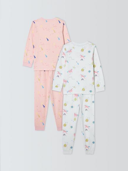 John Lewis Kids' Unicorn Pyjamas, Pack of 2, Pink - view 2, Pink