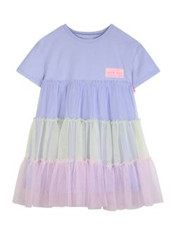 Billieblush Kids' Short Sleeve Ruffle Tulle Dress, Angel Blue, Angel Blue