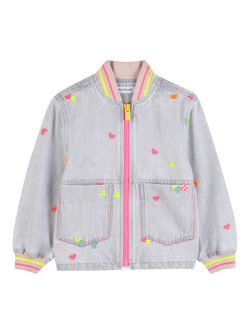 Billieblush Kids' Embroidered Hearts Denim Jacket, Denim Grey, Denim Grey