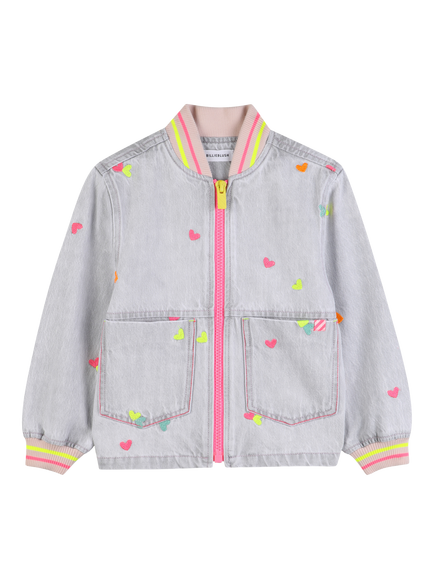 Billieblush Kids' Embroidered Hearts Denim Jacket, Denim Grey, Denim Grey