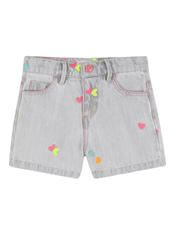 Billieblush Girl's Embroidered Hearts Denim Shorts, Denim Grey, Denim Grey
