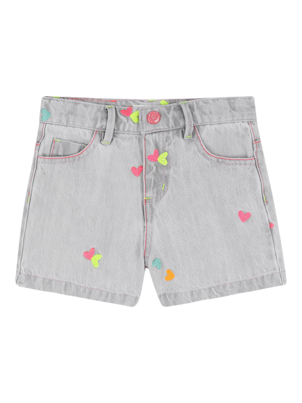 Billieblush Girl's Embroidered Hearts Denim Shorts, Denim Grey, Denim Grey