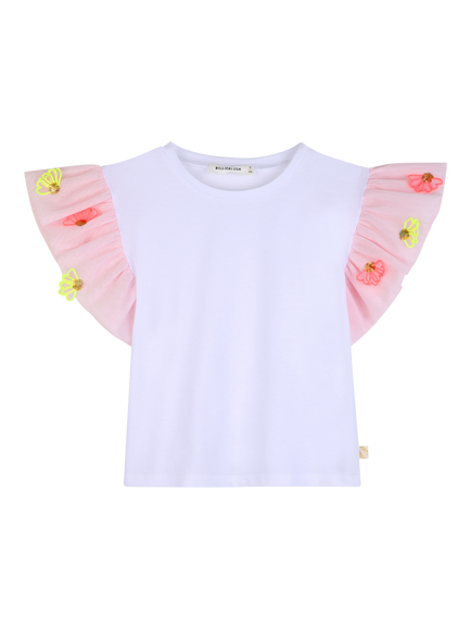 Billieblush Kids' Embroidered Mesh Sleeve T-Shirt, White, White