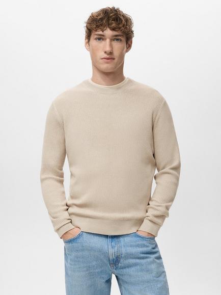 Mango Crew Neck Cotton Blend Knit Jumper, Beige, Beige