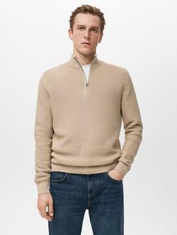Mango Ribbed Texture Half-Zip Cotton Jumper, Beige