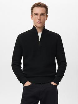 Mango Ribbed Texture Half-Zip Cotton Jumper, Black