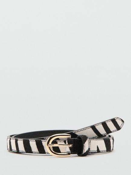 Mango Stripe Curved Buckle Pure Leather Belt, Black, Black