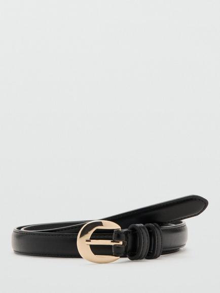 Mango Rounded Buckle Slim Belt, Black, Black