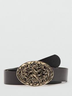 Mango Filigree Buckle Pure Leather Belt, Chocolate, Chocolate