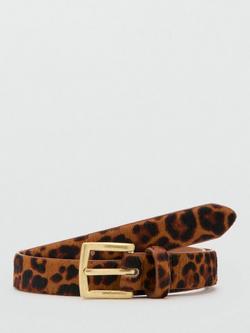 Mango Textured Leopard Print Pure Leather Belt, Brown, Brown