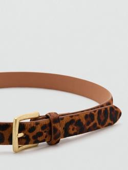 Mango Textured Leopard Print Pure Leather Belt, Brown - view 2, Brown