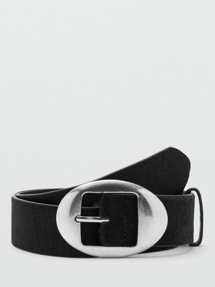 Mango Oval Buckle Pure Leather Belt, Black, Black