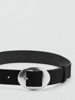 Mango Oval Buckle Pure Leather Belt, Black - view 2, Black