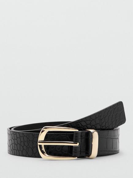 Mango Textured Statement Buckle Belt, Black, Black