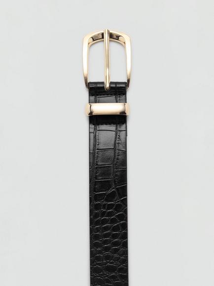 Mango Textured Statement Buckle Belt, Black - view 2, Black