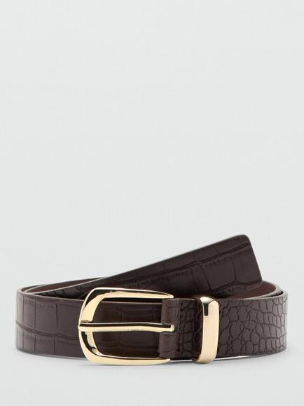 Mango Textured Statement Buckle Belt, Brown, Brown