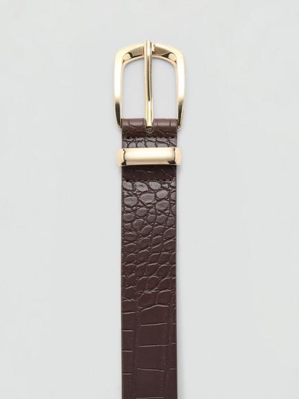 Mango Textured Statement Buckle Belt, Brown - view 2, Brown