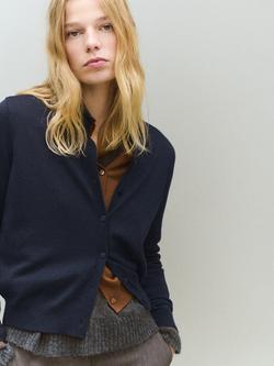 Mango Round Neck Wool Blend Cardigan, Navy