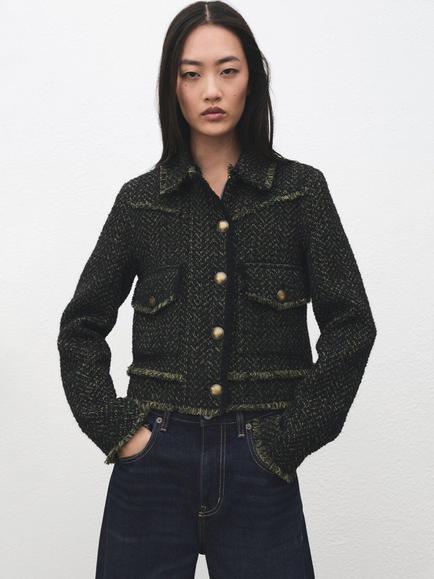 Mango Fringed Cropped Jacket, Green, Green