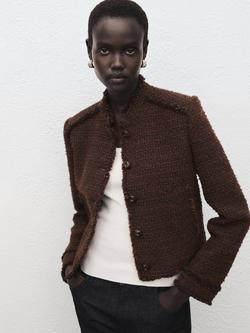 Mango Cropped Frayed Hem Jacket , Brown, Brown