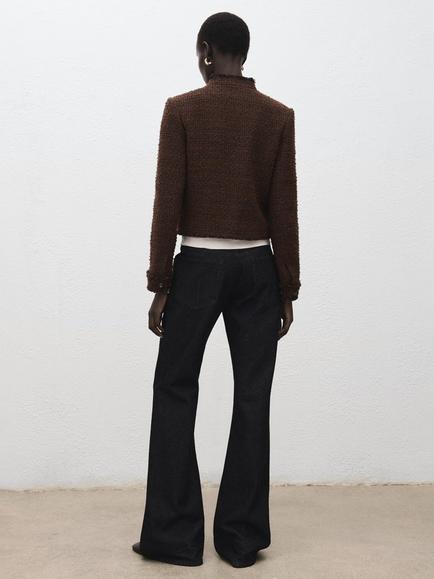 Mango Cropped Frayed Hem Jacket , Brown - view 2, Brown