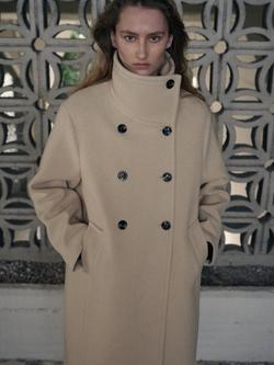 Mango Funnel Collar Double Breasted Wool Blend Overcoat, Vanilla, Vanilla