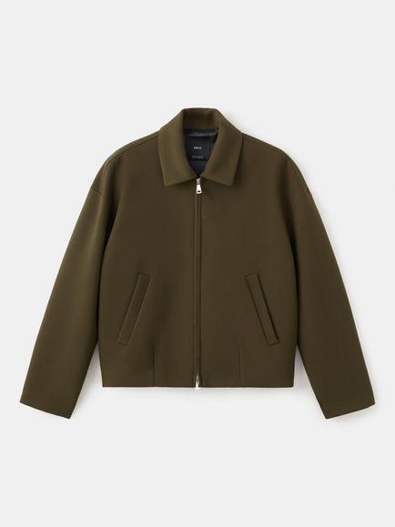 Mango Zip Cropped Jacket, Khaki, Khaki