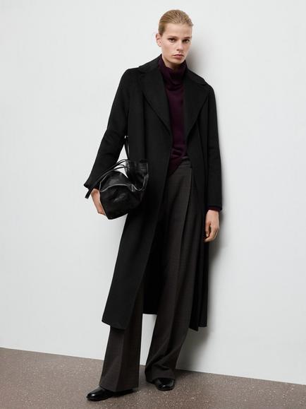 Mango Belted Longline Wool Blend Coat, Black, Black